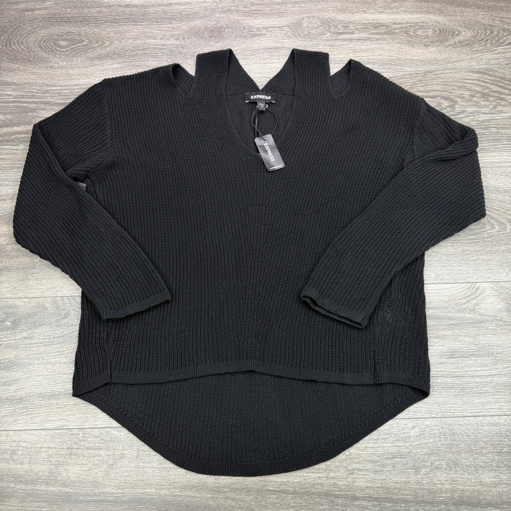 Express Sweater Womens Small Black Cold Shoulder V Neck Knit High Low Hem NWT